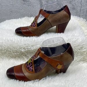 Spring Step L'Artiste Pumps Women 38 Brown‎ Leather Floral T-Strap Block Heel